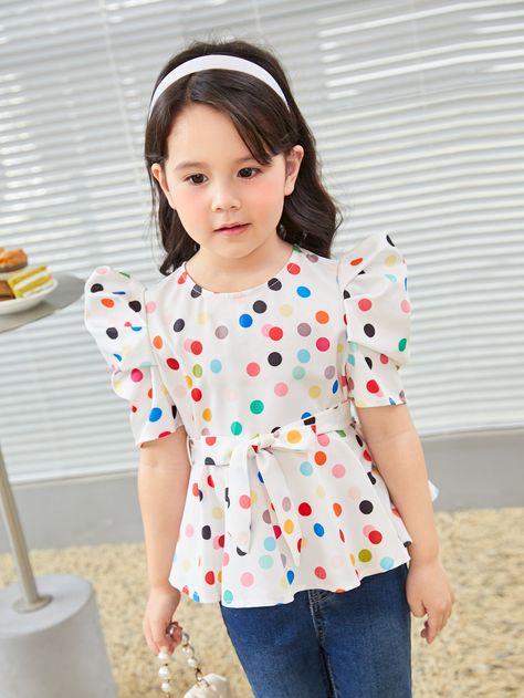 White Cute Collar Short Sleeve Woven Fabric Polka Dot Peplum Embellished Non-Stretch  Toddler Girls Clothing Baby Shorts Pattern, Baby Costumes Girl, Kids Blouse Designs, Shein Kids, Kids Blouse, Trendy Shirt Designs