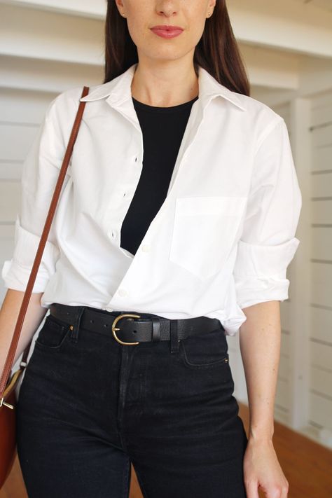 STYLING A WHITE SHIRT FOR FALL - 4 WAYS White Shirt Black Jeans Outfit Women, White Shirt And Black Jeans Outfit, White Shirt And Jeans Outfit Casual, Black Jeans White Shirt Outfit, Black Jeans And White Shirt, White Blouse Outfit Casual, Ways To Style White Shirt, White Tshirt Outfit Women, White Shirt And Jeans Outfit