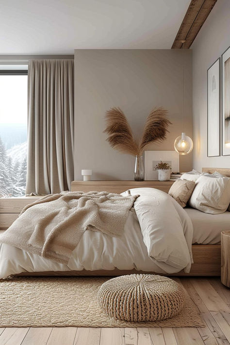 40 Aesthetic Bedroom Ideas To Elevate Your Space With Style Modern Bedroom Beige, Warm Minimalist Bathroom, Cream Boho Bedroom, Cream Bedroom Aesthetic, White And Cream Bedroom Ideas, Jungalow Bedroom, Warm Minimalism, Japandi Decor, Aesthetic Bedroom Ideas