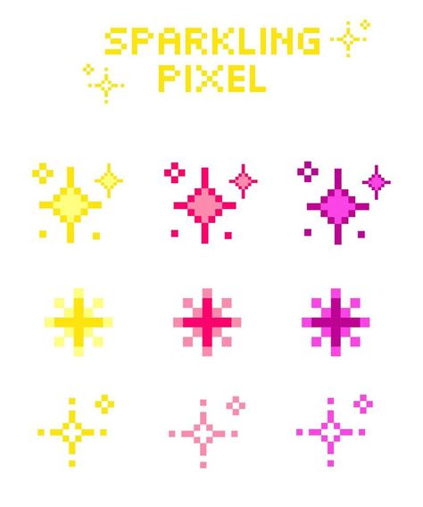 Sparkling pixel set, vector sparkling pixel set, Bright yellow pink purple sparkling pixel Sparkle Cross Stitch, Pixel Gaming Aesthetic, Pixel Images Art, Pixel Art Sparkle, Pixel Illustration Graphic Design, Pixel Chic Toy, Pixel Art Shapes, 5x5 Pixel Art, Beginner Pixel Art