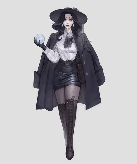 Detective Female Outfit, Dnd Poison Character, Victorian Witch Art, Villain Outfits Design Female, Modern Witch Character Design, Female Detective Art, Fantasy Villain Outfit, Female Villain Outfit, Goth Dnd Character