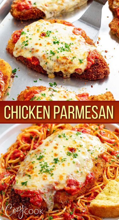 This restaurant-worthy Chicken Parmesan recipe is easy to make in a skillet and bake in the oven with marinara and mozzarella! Serve this with pasta for an Italian dinner that your family will love! Chicken Parmesan Recipe Easy, Chicken Parmesan Recipe Baked, Chicken Parmesan Recipe, Parmesan Recipe, Italian Dinner Recipes, Parmesan Recipes, Pasta Dinner Recipes, Chicken Parmesan Recipes, Italian Dinner