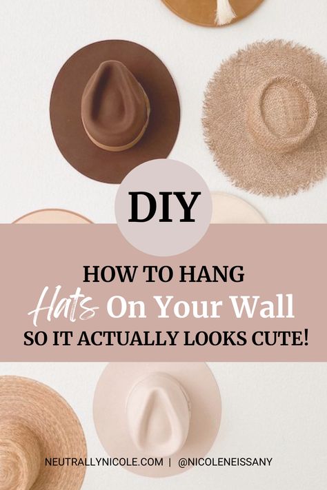 If you have boho interior home decor style and bohemian style fashion sense then this women's style and storage idea is for you. Here is a DIY hat wall for women's hats if you love boho chic wide brim fedora hats. How to display your hats on the wall in your bedroom so they look pretty with this DIY hat wall tutorial. Hanging Up Hats On Wall, Hats On Bedroom Wall, Hat Organizer Wall, Hat Wall Hook, Hanging Fedoras On Wall, Boho Hat Decor, Hooks For Hats Wall, Best Way To Hang Hats On Wall, Sunhat Storage Ideas