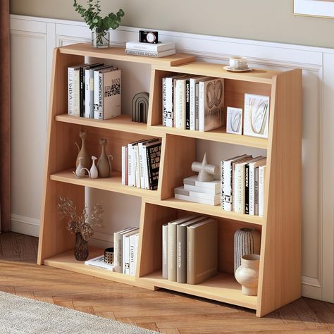 PRICES MAY VARY. MODULAR DESIGN: This unique bookshelf offers you ultimate flexibility in a creative way. It consists of 2 parts that you are free to lengthen, shorten, or put together at any angle you choose to fit any space or corner in your home; OPEN STORAGE: This cube storage bookshelf features 6 cubby spaces , perfect for organizing and displaying a variety of books, plants, toys, photo albums and other collectibles; STABLE STRUCTURE: This horizontal bookshelf is made of thickened (0.6 inc Bookshelf Wood Design, Mini Bookshelf Ideas, School Books Organization, Bookshelves In Bedroom Small, Open Book Shelves, Bookshelf Small Space, Small Bookshelf Ideas, Teen Bookshelf, Horizontal Bookshelf