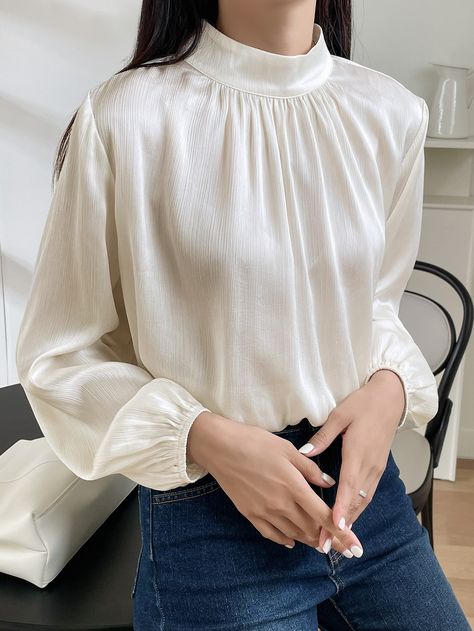 Beige Elegant Collar Long Sleeve Fabric Plain Top Embellished Non-Stretch  Women Clothing Women Blouses Fashion Classy, Bishop Sleeve Blouse, Nautical Chic, Embroidered Tops, Formal Blouse, Classy Blouses, Blouse Casual Fashion, Chic Tops, Estilo Boho Chic