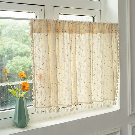 PRICES MAY VARY. Material: Made of high quality cotton fabric. Feel extremely soft to touch. Package Includes: Sold as a single, size 24" width by 35" Length(Height).Constructed with rod pocket, easy to install and slide. Easily go with different curtain rod. Design: This kitchen curtains have exquisite floral embroidery and beige tassel, bohemian style, pastoral style. It can decorate your windows with unique style, bring you different visual enjoyment and fashion style. Occasion: Suitable for Living Room Bay Window, Tablecloth Curtains, Ivory Curtains, Short Curtains, Tier Curtains, Floral Type, Curtains Width, White Daisies, Curtain Valance