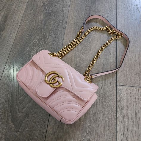 Gucci Marmont Mini Pink Leather Gold Hardware (Not Beige Pink Currently In Stores) Brand New Shoulder And Cross Body Capability Comes With Dust Bag And Box Gucci Bag Pink, Gucci Mini Marmont, Pink Gucci Bag, Gucci Marmont Mini, Pink Gucci, Pink Handbag, Gucci Mini, Bags Gucci, Gucci Marmont