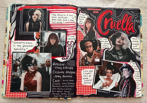 Fashion Journals Ideas, Fashion Journals Aesthetic, Celebrity Crush Scrapbook, Character Scrapbook Ideas, Film Collage Aesthetic, Cruella Journal, Movie Journal Cover, Fashion Scrapbook Ideas, Movie Journal Aesthetic