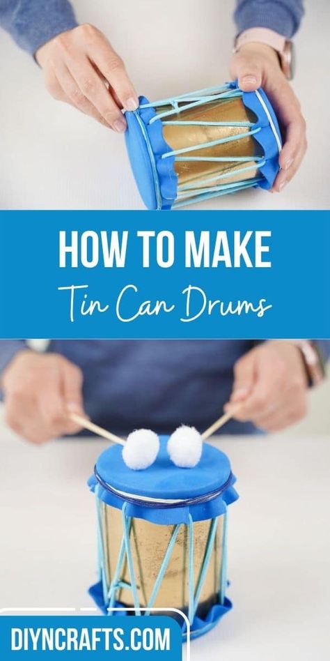 Make this unique upcycled tin can drums or turn them into bongos and have fun for hours with the kids playing! Make A Drum Craft, Upcycling, Homemade Percussion Instruments, Homemade Drums For Kids, Making Instruments For Kids, Diy Drums For Kids, Diy Instruments For Kids, Handmade Instruments, Lag Baomer