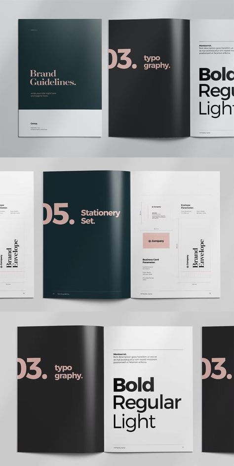 Brand Style Guide Layout InDesign. Both US letter and A4 templates included. Indesign Layout Inspiration, Business Plan Design, Indesign Inspiration, Brand Guidelines Book, Brand Guidelines Design, Style Guide Template, Indesign Layout, Catalogue Layout, Brand Guideline