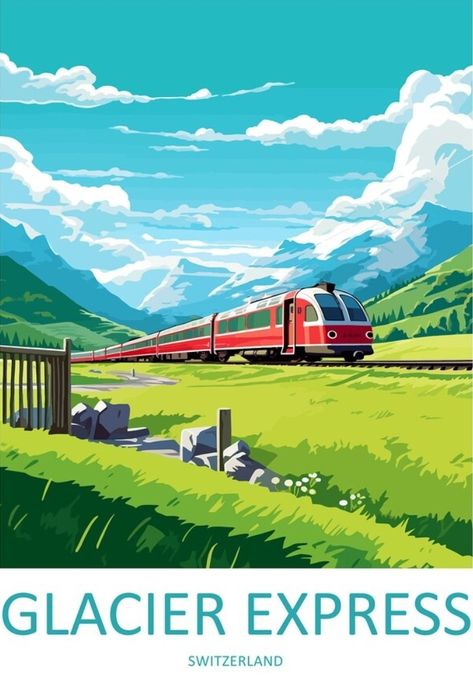 Switzerland Drawing, Switzerland Images, Switzerland Illustration, Glacier Express Switzerland, Switzerland City, Swiss Landscape, Switzerland Poster, Glacier Express, Switzerland Art