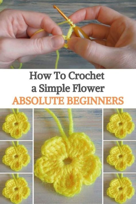 Tote Crochet, Crochet Flowers Easy, Crochet Flowers Free Pattern, Beginner Crochet Tutorial, Beginner Crochet Projects, Crochet Stitches For Beginners, Rose Wall, Knitted Flowers, Simple Flower