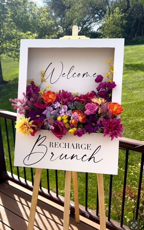 DIY Flower Box Welcome Sign - One Handy Momma Easy Diy Event Decor, Diy Welcome Sign Floral Arrangement, Welcome Floral Box Sign, Flower Box Wall Decor, Welcome Sign Flower Box Diy, Wedding Welcome Flower Box Sign, How To Make Flower Box Welcome Sign, Easy Diy Welcome Sign Wedding, Diy Flower Welcome Sign