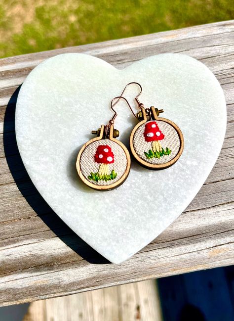 Excited to share this item from my #etsy shop: Mushroom earrings | Hand embroidered earrings | Mini Embroidery Hoop | mushies | Trendy | Hypoallergenic | gift for her | Novelty | Boho Macrame Items, Mini Embroidery Hoop, Tiny Embroidery, Mini Embroidery, Embroidered Earrings, Mushroom Earrings, Crochet Embroidery, Fabric Jewelry, Bridesmaids Gifts