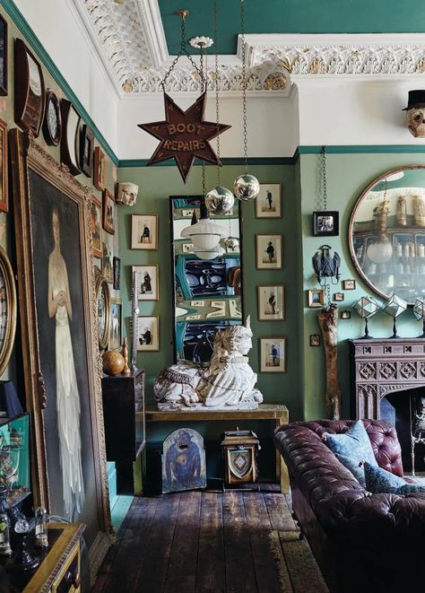 A gothic, antiques-filled Victorian apartment in Lowestoft - Homes and Antiques Victorian Bohemian Decor, Victorian Gothic Decor, Green Tahini, Hell Hound, Victorian Apartment, Coved Ceiling, Gothic Interior, Hall Flooring, Collections Of Objects