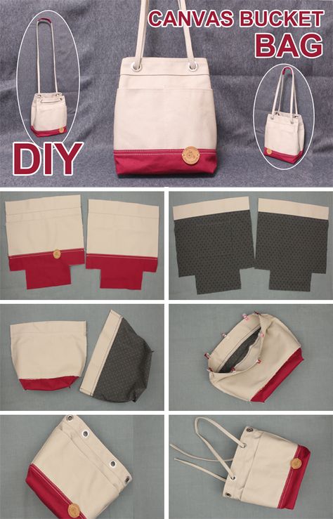 Diy Bucket Bag How To Make, Bucket Bag Pattern Free Sewing Projects, Bucket Bag Diy Pattern, Canvas Bag Design Diy, Canvas Bag Design Ideas, How To Make A Bag, Canvas Bags Ideas, Canvas Fabric Projects, Canvas Bag Pattern