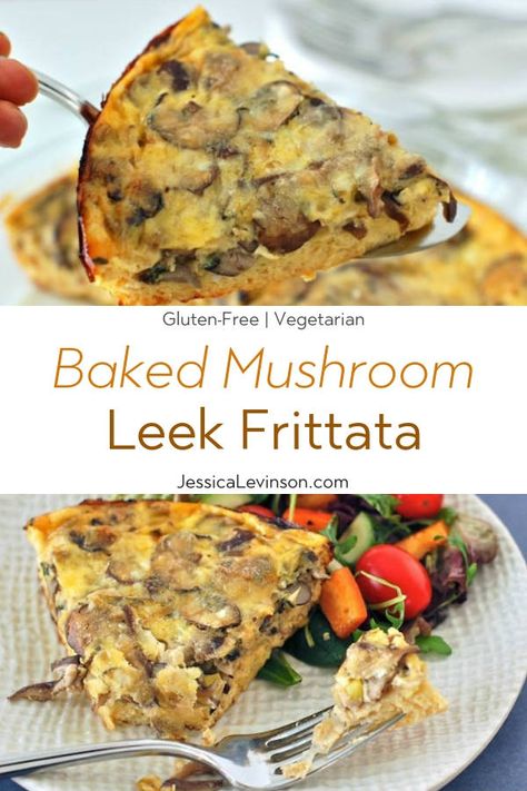 Meaty mushrooms and sweet leeks are a classic combination that pair beautifully in this easy and nutritious frittata that’s perfect for a weeknight dinner or your next weekend brunch. Get the gluten-free and vegetarian recipe via JessicaLevinson.com #GlutenFreeFrittata #VegetarianFrittataRecipe Vegetarian Frittata Recipes, Gluten Free Frittata, Meaty Mushrooms, Leek Frittata, Mushroom Leek, Mushroom Frittata, Baked Mushrooms, Seasonal Eating, Egg Dishes