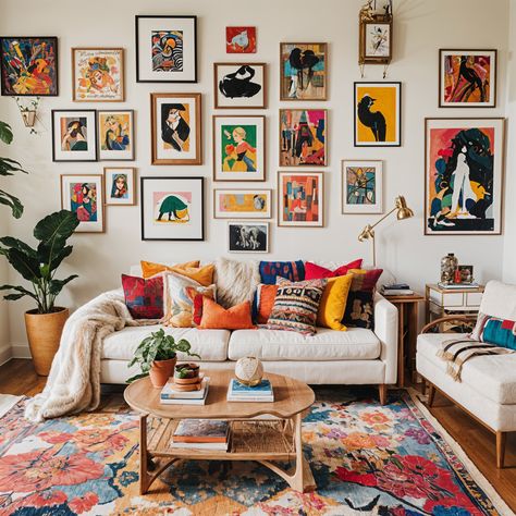 Eclectic Decoration Living Room, Furniture For White Living Room, Unique Room Design Ideas, Eclectic Design Living Room, Living Room Rug And Coffee Table, Wall Decor Living Room Colorful, Cream Couch With Colorful Pillows, White Couch Maximalist, White Couch Living Room Decor Colorful