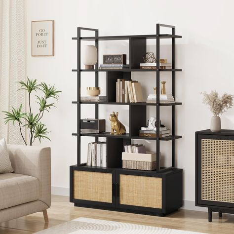 Industrial Book Shelf, Rattan Bookshelf, Bookshelf With Storage, Storage Bookshelf, Open Display Shelf, Home Gym Garage, Open Bookshelves, Bookshelf Storage, Furniture Bookshelves