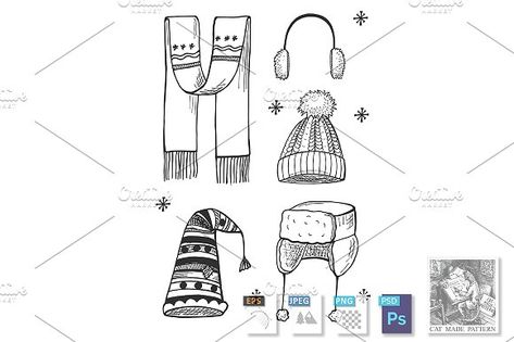 set of winter hats by CatMadePattern Kawaii, Elf Cap, Trapper Hats, Hand Drawn Illustration, Drawn Illustration, Vector Hand, Pom Pom Hat, Kawaii Clothes, How To