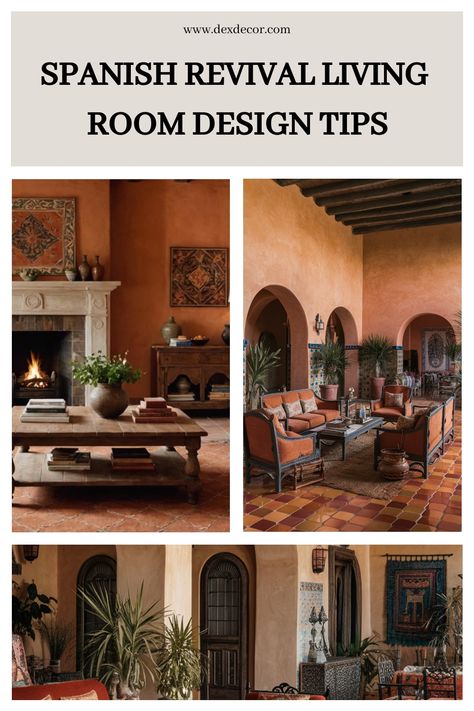 Spanish Revival living room with warm colors, rustic furniture, and eclectic decor elements. Spanish Revival Color Palette, Rustic Spanish Decor, Spanish Revival Living Room, Spanish Revival Interior, Spanish Style Living Room, Kitchen Tile Inspiration, Spanish Revival Style, Ensuite Bathroom Designs, Industrial Chic Kitchen