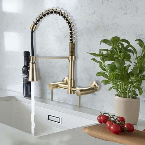 Wall Mount Kitchen Faucet With Sprayer, Wall Faucet Kitchen, Wall Mount Faucet Kitchen, Vintage Kitchen Faucet, Wall Mounted Kitchen Faucet, Adu Ideas, Brass Kitchen Sink, Wall Mount Kitchen Faucet, Kitchen Spray