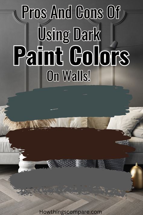 Using Dark Colors On Walls: Pros And Cons Explained Your favorite color can be found in many different shades and intensities. If you love dark colors, be aware that adding it to the walls can be a big commitment. It may take several coats to get it covered. However, if you love it, it will be worth it! Two Dark Walls Living Room, Paint Colors Against Dark Wood, Dark Chocolate Walls, Dark Paint Walls, Dark Walls In Living Room, Black Furniture Wall Color Ideas, Painting With Dark Colors, Dark Interior Walls, Dark Brown Accent Wall Living Room