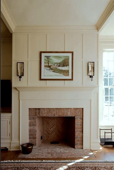 My Husband Loves Our Ugly Brick Fireplace Mantle With Corbels Fireplace, Megan Stokes Living Room, Brick Fireplace Floating Mantle, Craftsman Brick Fireplace, Fireplace Redo Ideas, Modern Cottage Homes Interiors, Fireplace With Stone Surround, Fireplace With Hearth, French Country Fireplace