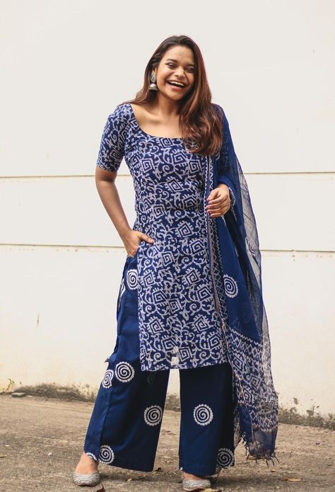 Ethnic wear salwar suits Indigo Suit Design, South Cotton Suit Designs, Suit Designs Indian Style Latest Cotton, Indigo Kurti Designs, Suit Designs Indian Style Latest, Kurti Neck Designs Latest Fashion, Palazzo Outfits, Suit Designs Indian Style, Office Wear Plus Size