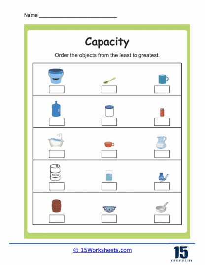 Ordering Capacity Worksheet - 15 Worksheets.com Capacity Worksheets, Holiday Science, Kindergarten Social Studies, Simple Illustrations, Math Measurement, Sorting Activities, Simple Illustration, Writing Skills, Critical Thinking