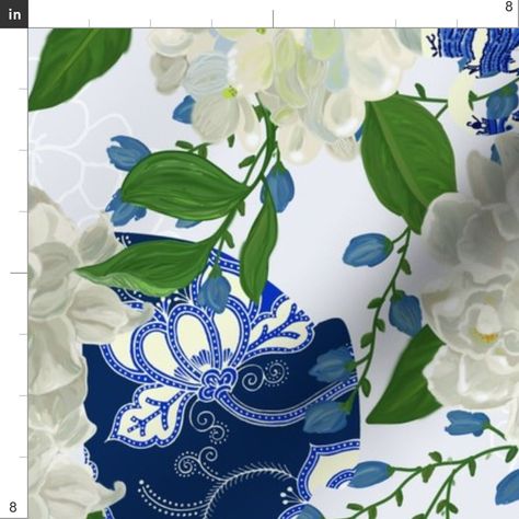 RAILROAD BLUE WILLOW CHINOISERIE Fabric | Spoonflower Blue Willow Dining Room, Nantucket Decorating, Blue Chinoiserie Fabric, Blue Willow Decor, Willow Decor, Blue And Green Living Room, Willow Tea, French Country Fabric, Blue White Fabric