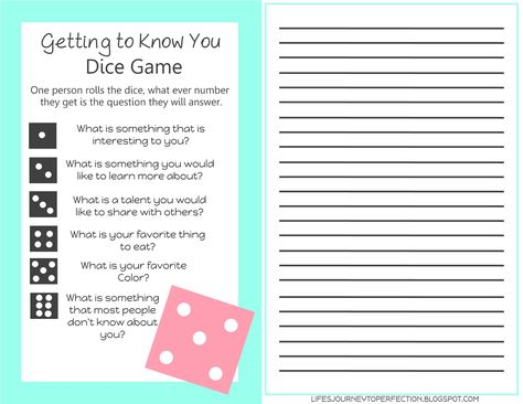 Life's Journey To Perfection: Getting to Know You Dice Game Printable Activity Day Girls, Lds Lessons, Get To Know You Activities, Yw Activities, Relief Society Activities, Young Women Activities, Primary Activities, Youth Activities, Outdoor Games For Kids