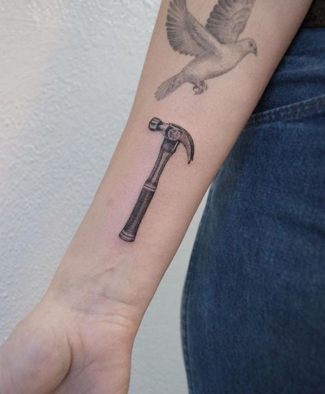 Hammer Tattoo by Samantha Mancino Tiny Hammer Tattoo, Small Hammer Tattoo, Hammer Tattoo Small, Hammer Tattoo Carpenter, Screwdriver Tattoo, Carpenter Tattoo Ideas, Hammer Tattoo Design, Screw Tattoo, Black Diamond Tattoos