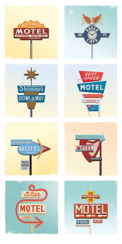 50's n 60's Styling - My most favorite of design eras. Motel Signs Retro, Vintage Motel Sign Illustration, Old Motel Signs, Neon Signs Design, Retro Signage Design, Neon Sign Vintage, Vintage Signage Design, Vintage Sign Illustration, Retro Motel Sign