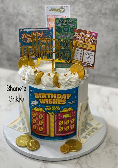 Lottery cake; money cake Lottery Birthday Party Ideas, Lottery Ticket Cake Ideas, Lottery Ticket Cake Diy, Lottery Party Theme, Lottery Theme Party, Lottery Themed Birthday Party, Lottery Cake Ideas, Lottery Ticket Birthday Cake, Money Birthday Party Theme