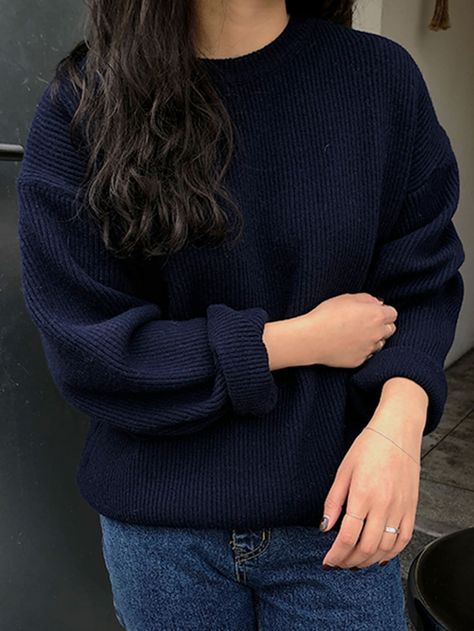 DAZY Ribbed Knit Drop Shoulder Sweater Blue Pullover Outfit, Blue Jumper Outfit, Navy Blue Sweater Outfit, Blue Sweater Outfit, Pull Bleu Marine, Navy Blue Outfit, Dark Blue Sweater, Knit Sweater Outfit, Pullovers Outfit