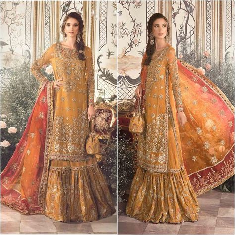 Pakistani Art Dresses Help You Style Yourself With Clothes of our latest Collection in Pakistani Indian Dresses Color: Mustard Gharara FABRIC DETAILS: Embroidered Organza Neckline With Luxury Hand Embellishment Embroidered Organza Center Panel With Luxury Hand Embellishment Embroidered Organza Side Panel With Luxury Hand Embellishment Embroidered Organza Sleeves With Luxury Hand Embellishment Embroidered Organza Sleeves Patti With Luxury Hand Embellishment Embroidered Organza Ghera Patch With Lu Mehndi Gharara, Walima Outfit, Maria B Bridal, Pakistani Mehndi Dress, Mehndi Dresses, Walima Dress, Mehndi Dress, Nikkah Dress, Suit Salwar