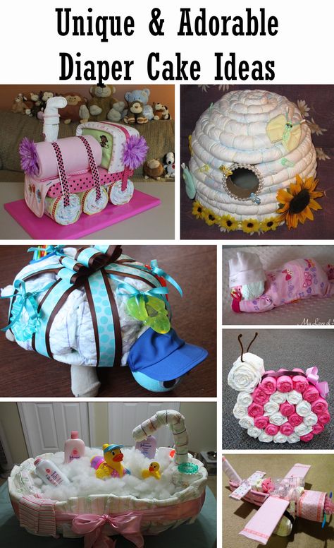 unique and adorable diaper cake ideas 2 Diaper Cake Ideas, Baby Shower Unique, Unique Diaper Cakes, Diy Diaper Cake, Diaper Gifts, Boy Baby Shower Ideas, Creative Baby Shower, Nappy Cakes