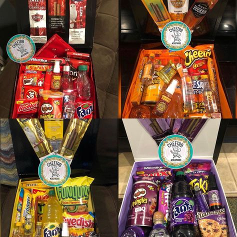 Smokers Box Gift, Pothead Gift Ideas, Smoker Basket Ideas, Color Themed Snack Baskets, Snacks For Boyfriend, Smokers Gift Basket Ideas, Pothead Gift Basket Ideas, Birthday Baskets, Red Snacks