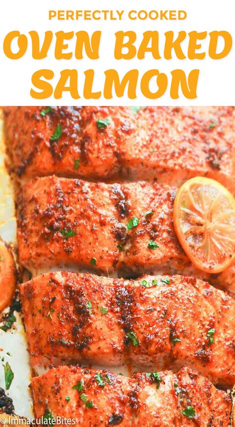 Oven Baked Salmon - Immaculate Bites Appetizer Plating, Salmon Dinners, Ikan Salmon, Oven Baked Salmon Recipes, Baked Catfish, Salmon Recipes Oven, Seasoned Salmon, Oven Salmon, Resep Seafood