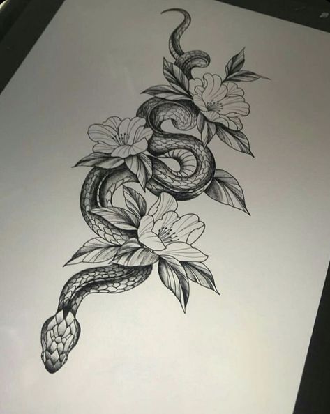 A Snake Tattoo, Snake And Flowers, Tato Paha, Tattoo Phoenix, Tato Maori, Feminine Nature, Jaguar Tattoo, Tattoo Snake, Rabbit Tattoo