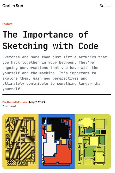An image showing the header of a blog post. The blog post is about the importance of sketching with code. The excerpt reads: "Sketches are more than just little artworks that you hack together in your bedroom. They're ongoing conversations that you have with the yourself and the machine. It's important to explore them, gain new perspectives and ultimately contribute to something larger than yourself." P5js Code, Creative Coding Art, Coding Graphic Design, Generative Art P5.js, P5js Art, Coding Art, Handwritten Logo Design, Voronoi Diagram, Otl Aicher