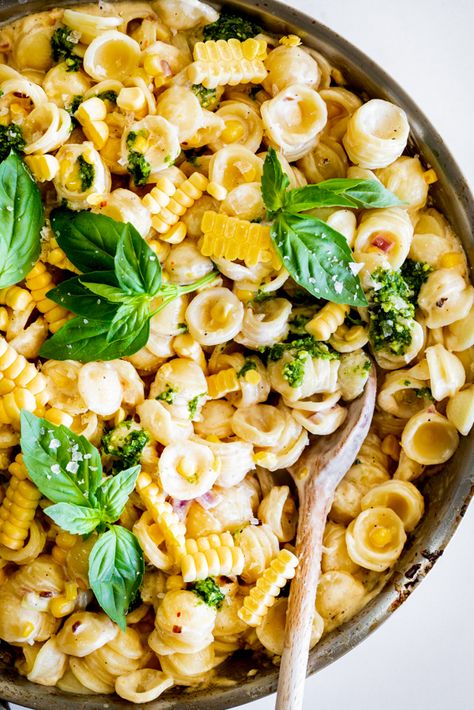 Creamy Lemon Corn Orecchiette with Basil Pesto - Simply Delicious Pasta With Corn, Orecchiette Pasta Recipes, Corn Sauce, Fresh Corn Recipes, Creamy Macaroni Salad, Summer Pasta Recipes, Corn Pasta, Orecchiette Pasta, Creamy Pasta Recipes