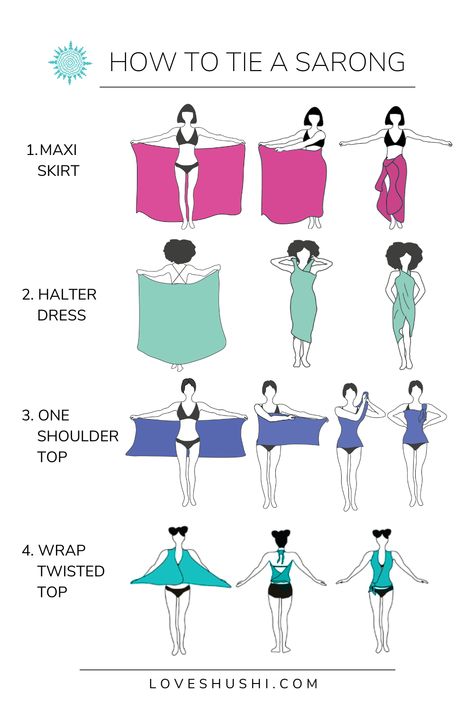 How To Wear A Sarong Tutorials, Skirt Coverup Beach Covers, Sarong Tie Ideas, How To Tie A Sarong Skirt, How To Tie Sarong, How To Wear A Sarong, Long Skirt Beach Outfit, Sarong Tutorial, How To Style A Dress