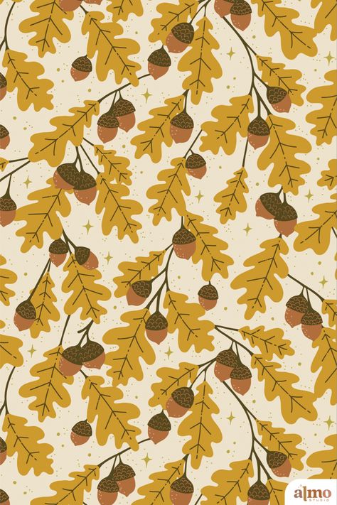 Acorn, oak, leaf, nature, fall, autumn, woodland, forest, trail, cozy, brown, mustard, yellow seamless repeating pattern, tree, leaves, design, illustration, vector, art licensing, products, surface design Patchwork, Fall Trees Illustration, Autumn Leaves Pattern, Fall Pattern Design, Fall Leaf Illustration, Oak Leaf Illustration, Autumn Leaf Illustration, Leaves Illustration Pattern, Autumn Tree Illustration