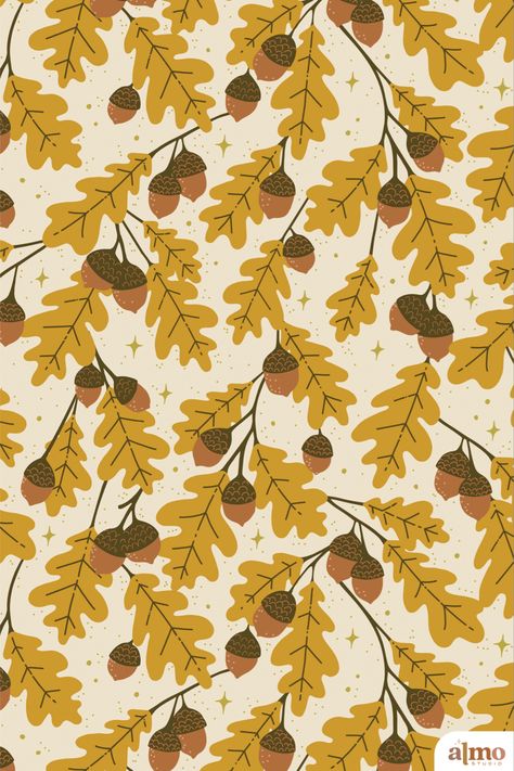 Acorn, oak, leaf, nature, fall, autumn, woodland, forest, trail, cozy, brown, mustard, yellow seamless repeating pattern, tree, leaves, design, illustration, vector, art licensing, products, surface design Patchwork, Fall Trees Illustration, Fall Tree Illustration, Fall Pattern Design, Oak Leaf Illustration, Autumn Leaf Illustration, Autumn Pattern Design, Autumn Tree Illustration, Autumn Pattern Illustration