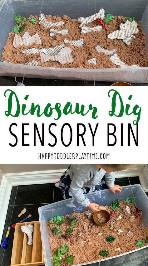 INSIDE: Do you have a dinosaur lover at your home? Well they will definitely love this dinosaur dig sensory bin. It is super easy to set up but tons of fun for toddlers and preschoolers. Montessori, Dinosaur Sensory Bin, Dinosaur Sensory, Sensory Bin Ideas, Sensory Bin Play, Toddler Sensory Bins, Dinosaur Dig, Dinosaur Activities, Toddler Sensory