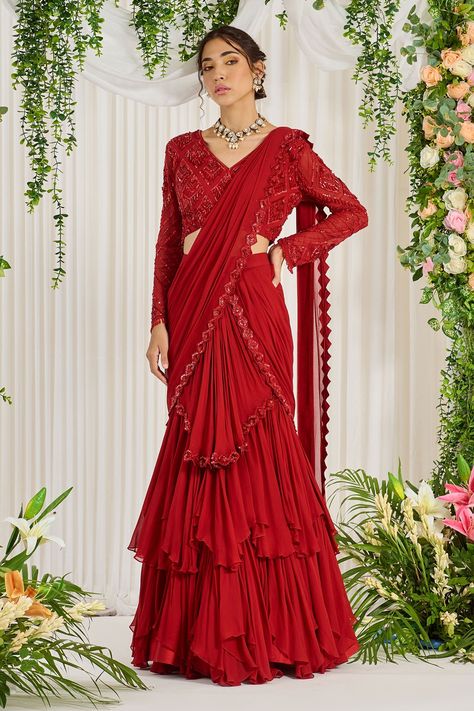 Ruffle Lehenga, Lehenga Sari, Red Drapes, Full Sleeve Blouse, Ruffle Saree, Drape Saree, Saree For Women, Pearl Stone, Red Saree