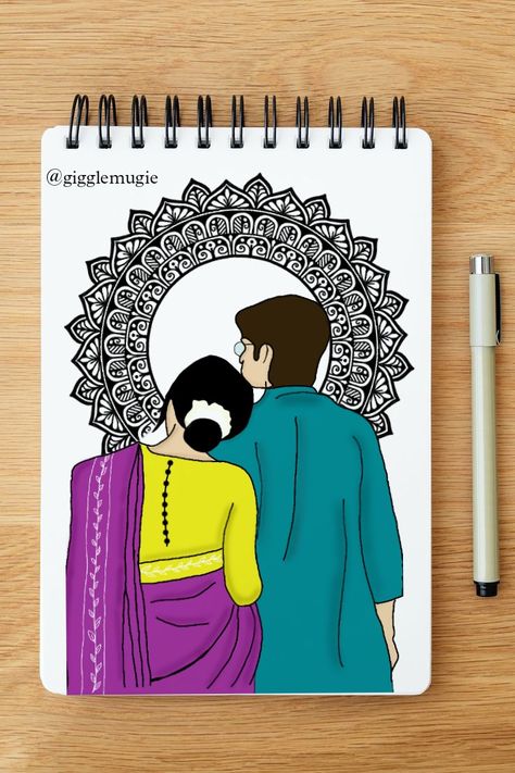 Love Drawing For Girlfriend Gift Ideas, Couple Zentangle Art, Mandala Art Couple Drawing, Valentines Day Art Drawing, Mandala Art Love Couple, Drawing Lovers Sketches, Couple Mandala Art Easy, Aesthetic Art Paintings Couple, Anniversary Drawings For Parents