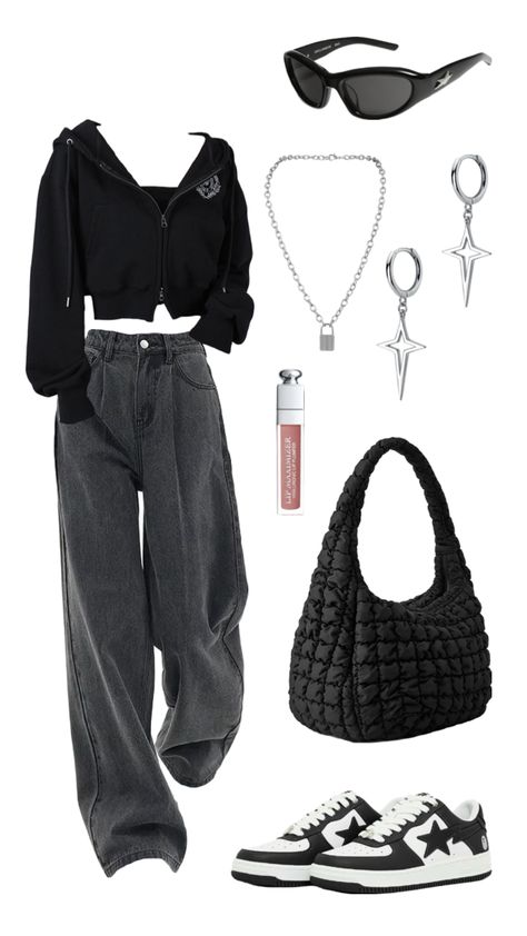 #outfitinspo All Black Comfy Outfit, Fashion Magazine Aesthetic, Magazine Aesthetic, Comfy Outfit Ideas, Street Style Fashion Week, Black Quilted Bag, Downtown Outfits, Trendy Outfits For Teens, Black And White Sneakers